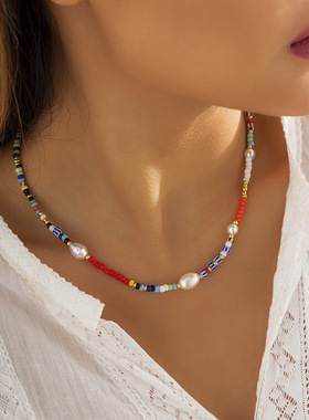 欧美跨境饰品创意撞色米珠串珠项