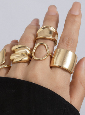 欧美不规则光面开口设计感戒指套装 夸张金属风熔岩复古指环Rings