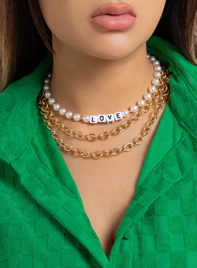 欧美跨境饰品个性字母串珠多层链