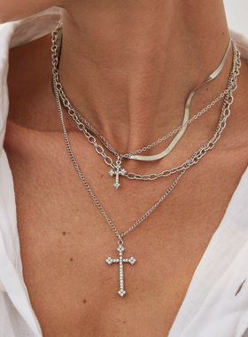 欧美跨境个性镶钻十字架吊坠项链