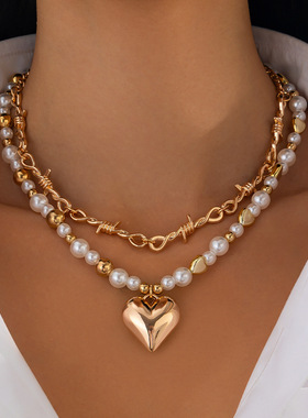 欧美跨境ins双层仿珍珠爱心吊坠项链 设计感金属扭结链条叠戴项饰