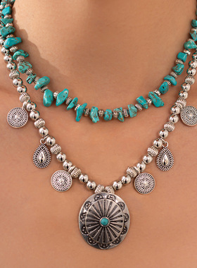 欧美跨境民族风金属花纹吊牌项链