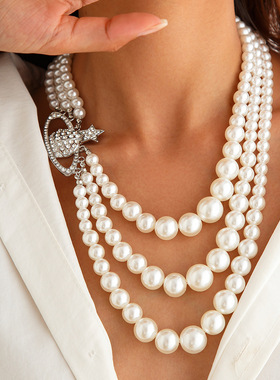 欧美跨境气质多层镶钻星球仿珍珠