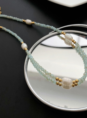 欧美天然绿钛钢高级设计彩色琉璃串珠项链女式叠戴轻奢复古锁骨链