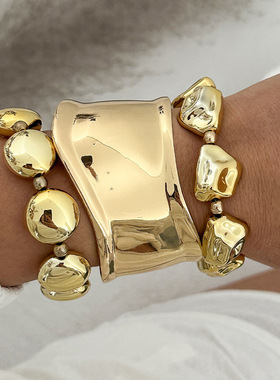 欧美跨境ins夸张光面几何合金宽手镯 个性巴洛克不规则串珠手链女