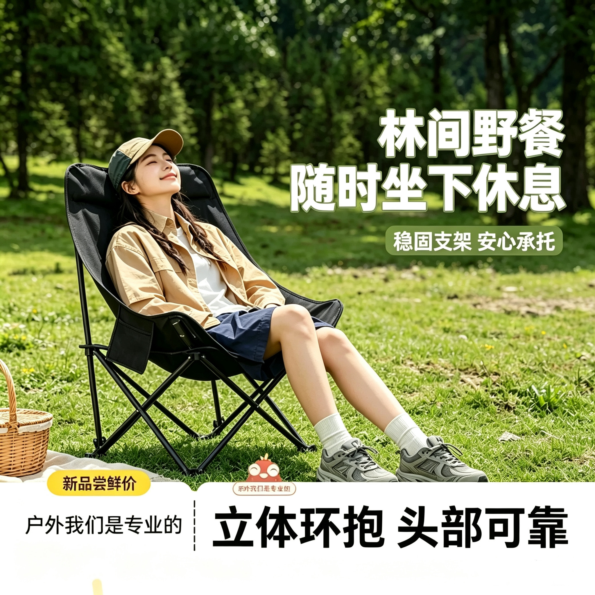 户外折叠椅子扶手懒人月亮椅钓鱼凳便携式沙滩野餐露营椅子