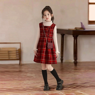 喜庆时尚 2025新款 格子设计感连衣裙 裙套装 女童红色新年连衣秋冬季