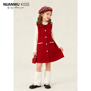 蝴蝶结时尚 2025年新款 加厚小香风连衣裙两件套潮 红色冬装 女童韩版