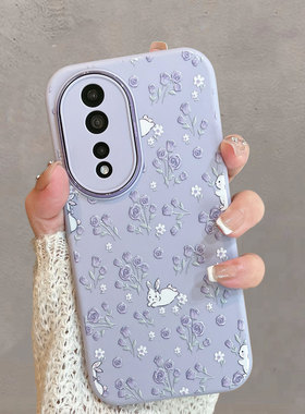 适用于华为荣耀80手机壳80pro紫色小清新ann一an00花朵honor8o曲屏可爱八零p80por兔子八十x80曲面屏全包防摔