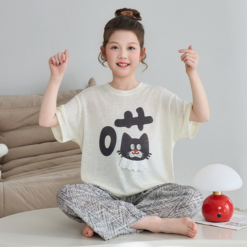 女童睡衣春秋季新款纯棉短袖长裤家居服套装中大童夏季薄款空调服