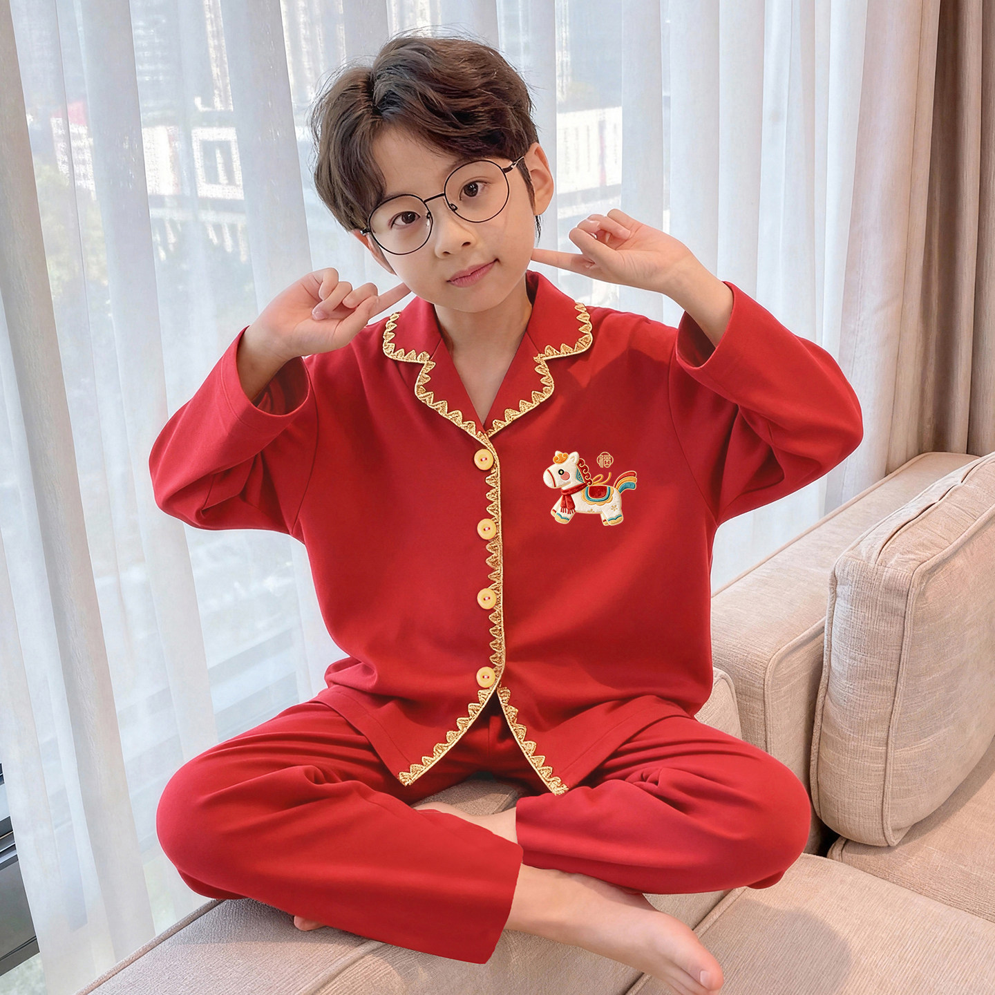 男童红色卡通纯棉睡衣开衫套装新年本命年喜庆家居服大红色马年潮
