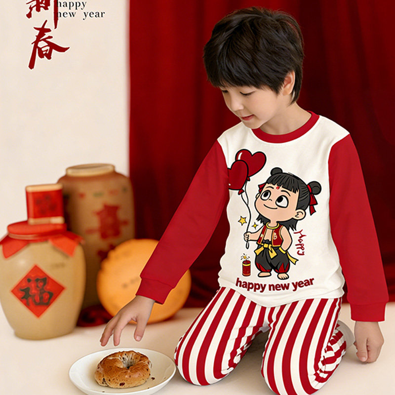 全棉纯棉男童本命年内衣套装马年红衣服男孩大童纯棉红色秋衣秋裤