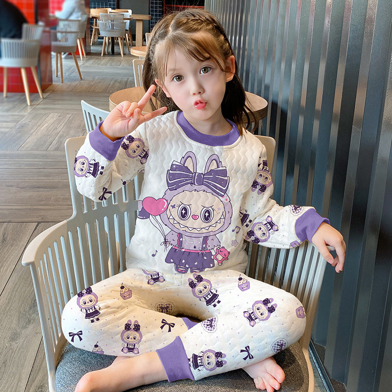 拉布布女童睡衣秋冬季三层夹棉加厚款保暖套装女孩儿童纯棉家居服