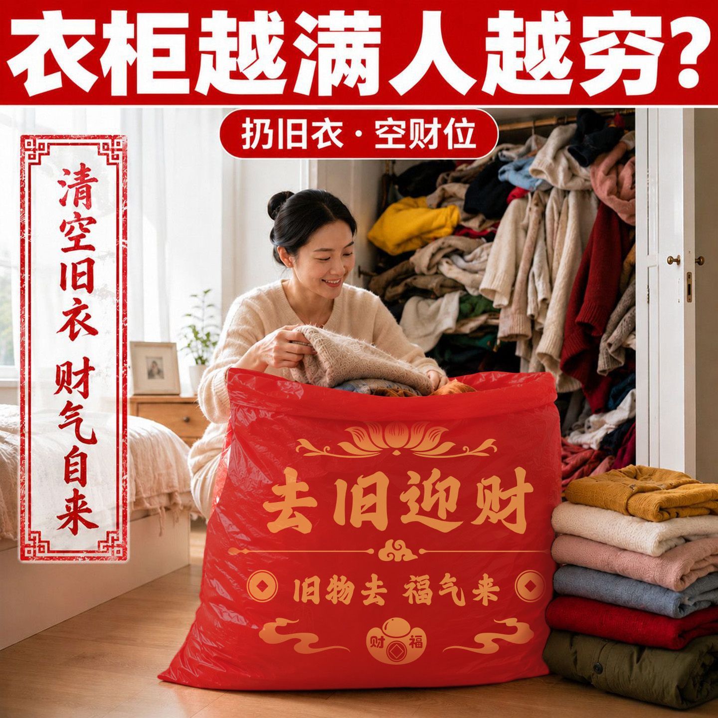 「扔旧衣专用」丢旧物衣服断舍离塑料袋垃圾袋红色加大加厚收纳袋