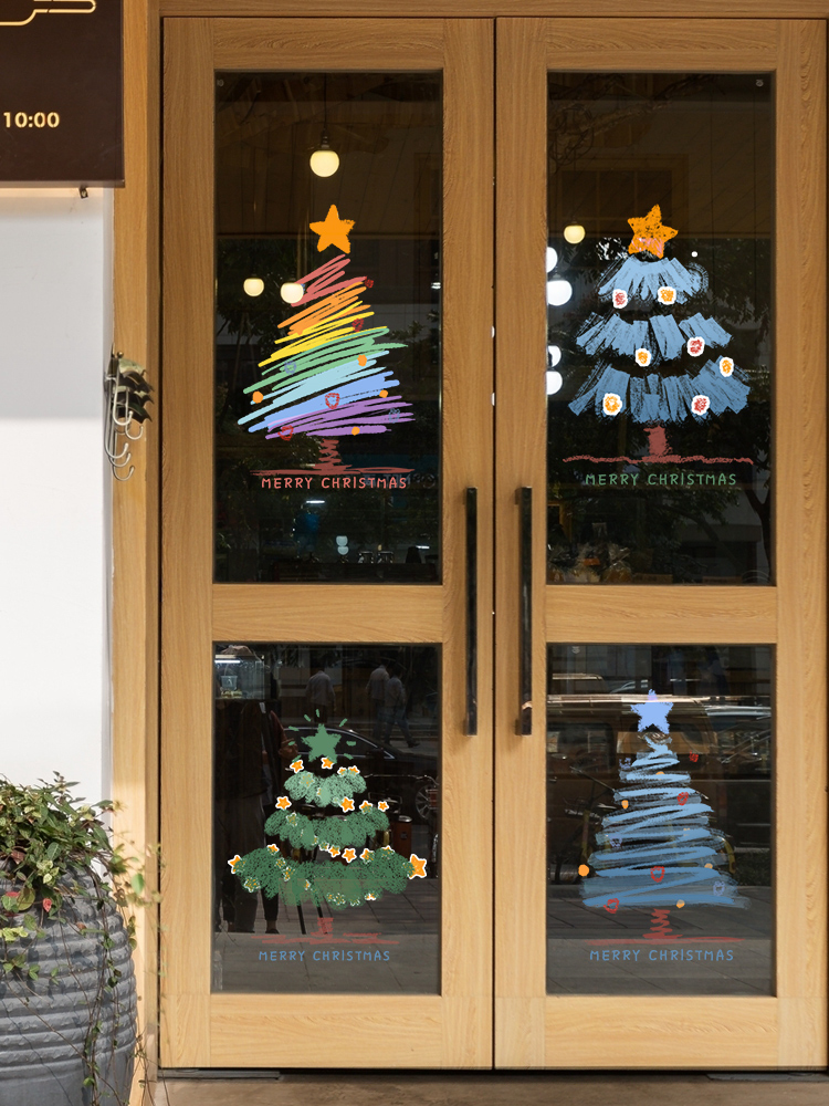 圣诞装饰玻璃贴纸商场商店2025新年酒店场景布局静电贴纸气氛窗框