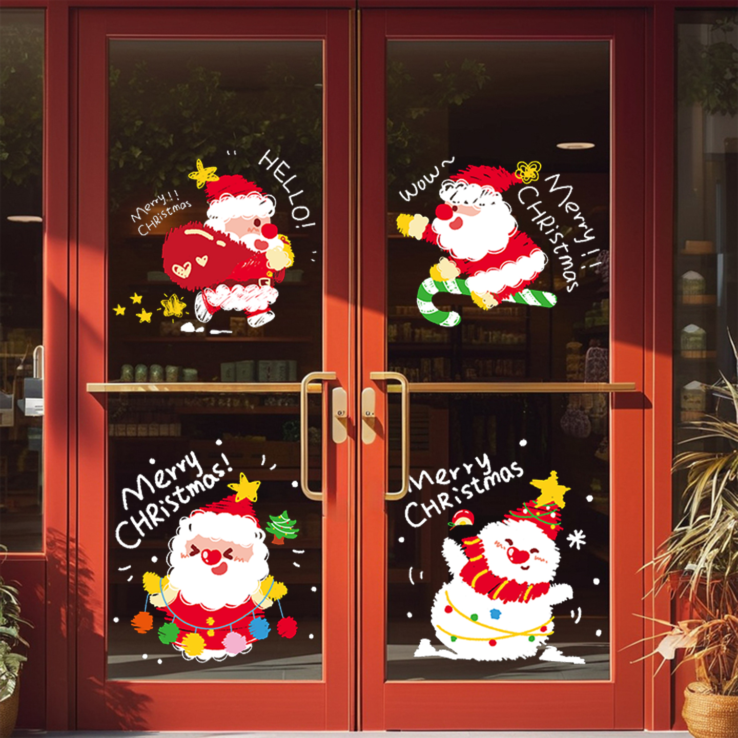 圣诞节装饰品圣诞老人树窗花玻璃门贴纸新年商场店铺布置橱窗静电