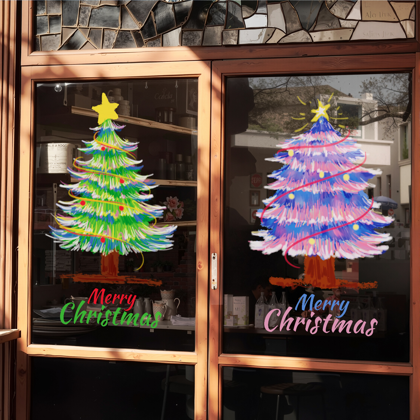 圣诞老人树窗花玻璃门贴纸