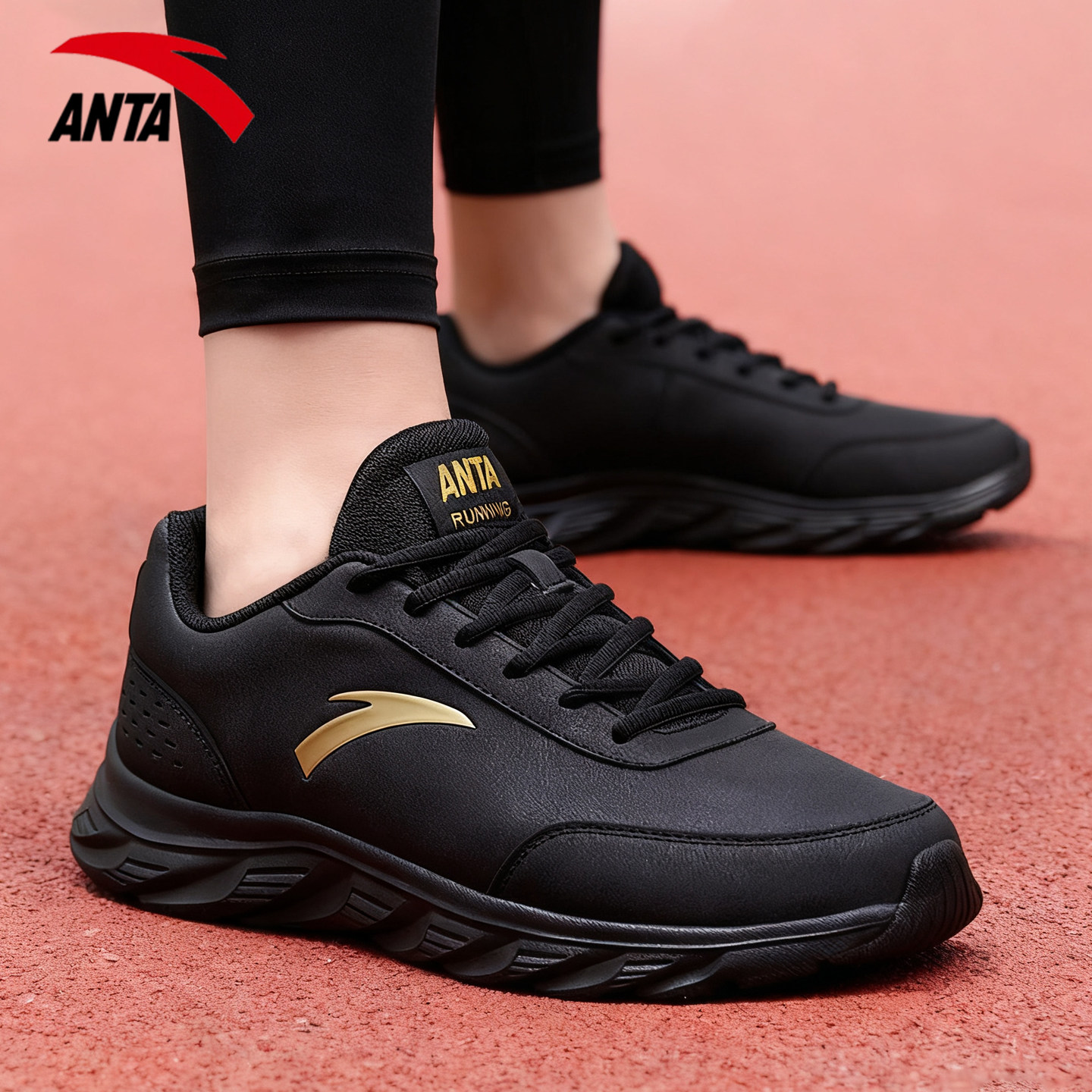 安踏运动鞋男鞋冬季皮面防水跑鞋