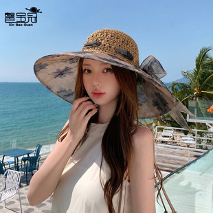 夏季大檐遮阳帽子女时尚高级感草编拼接渔夫帽户外海边沙滩防晒帽