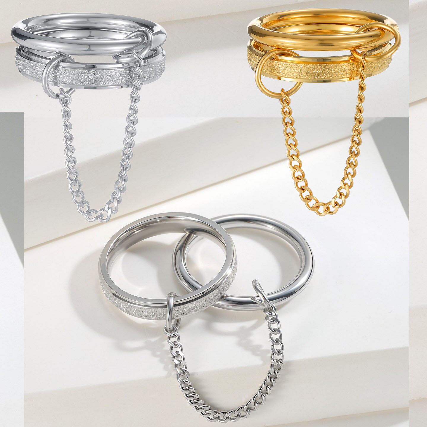 日韩ring欧美链条不锈钢叠戴戒指小众连指指环钛钢手饰品新款首饰