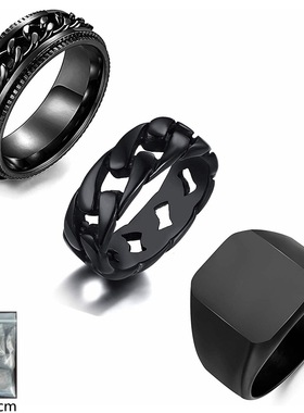 欧美饰品三件套男式不锈钢印章戒指男士解压链环转动戒指黑色套装