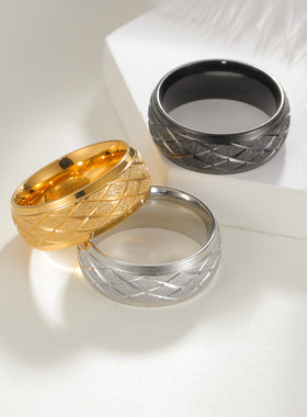 欧美跨境菱形线条磨砂潮人饰品钛钢食指戒指环格子素圈简约戒指