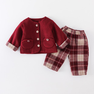 女宝宝冬装毛呢套装夹棉婴幼童冬季保暖喜庆过年洋气两件套拜年服