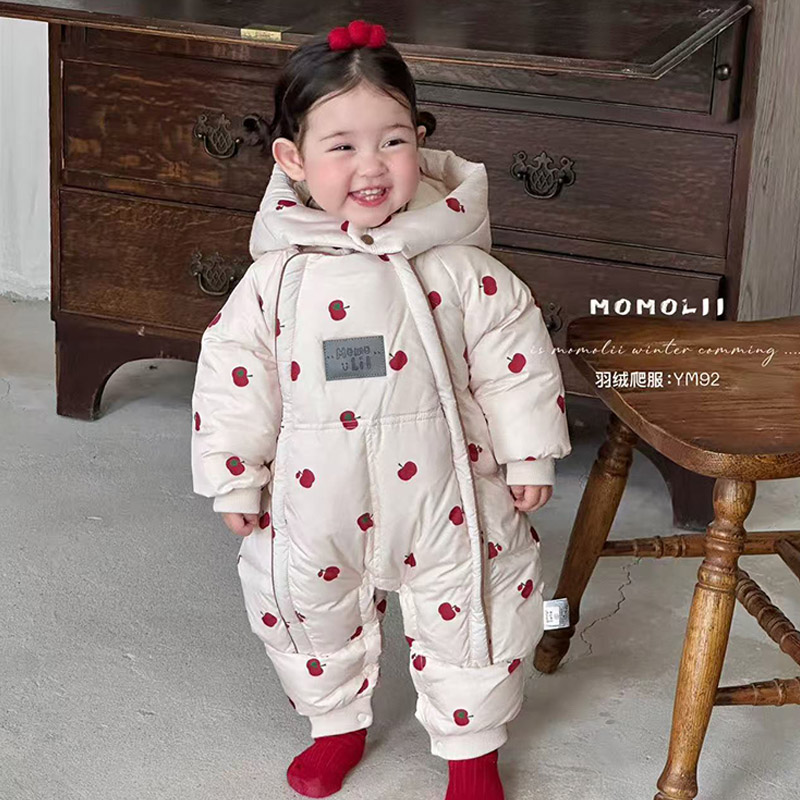 婴儿羽绒服连体衣宝宝哈衣新生外出抱衣服冬季爬服保暖白鸭绒冬装