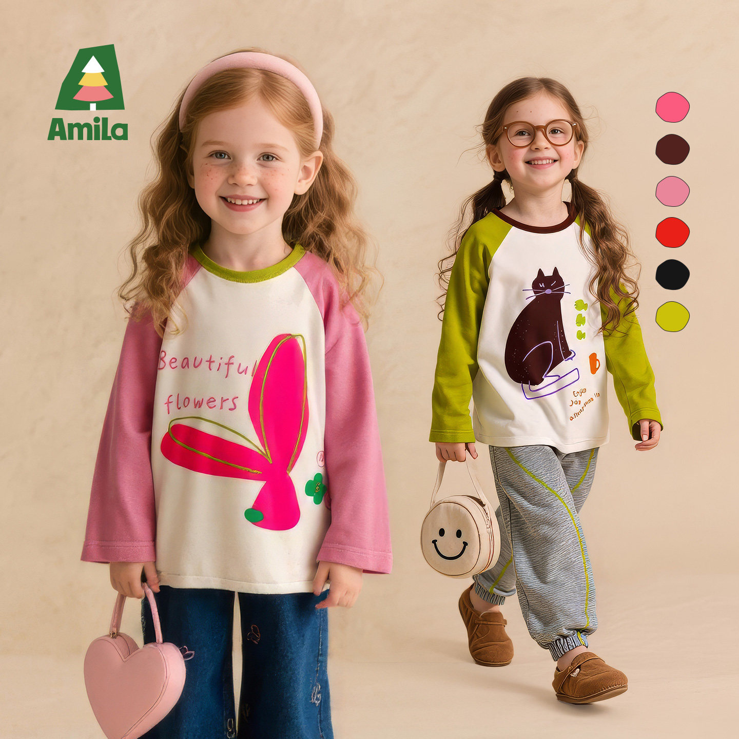 Amila女童长袖T恤儿童春秋打底衫宝宝插肩袖休闲上衣复古百搭2025,童装/婴儿装/亲子装,T恤,淘宝优惠券,粉丝福利购,淘宝优惠卷