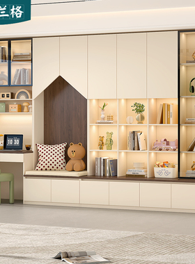 去客厅化复古卡座书柜书桌一体整墙书架展示柜子书桌书架组合9F79