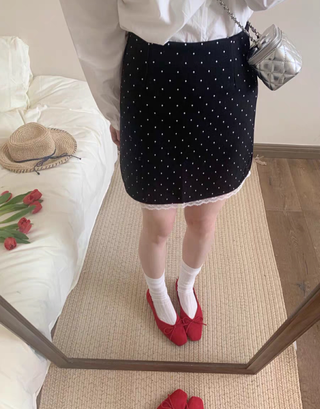 蕾丝边波点西装半身裙女2025春新款韩国版小个子显瘦A字包臀短裙