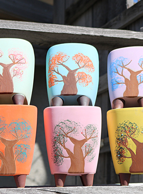 述息 韩式手绘多肉植物花盆手工生命树小高盆老庄方形口花盆包邮