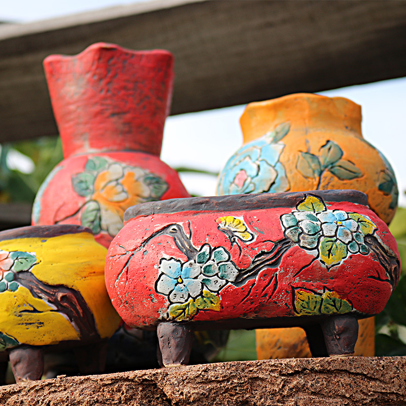 述息韩式手绘浮雕老庄蝴蝶花盆