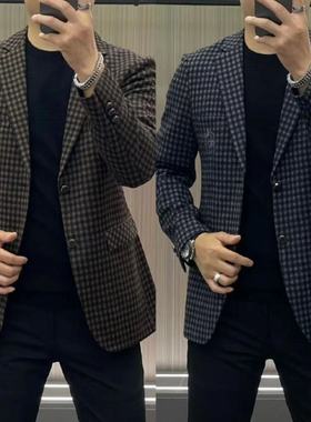 6629欧货秋季男士西服休闲商务小西装格子外套修身加厚上衣男装潮