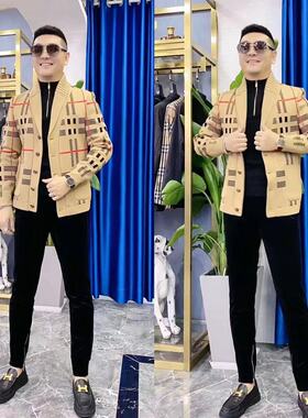 W21158秋季新款男士潮流开衫时尚针织衫线衣外套洋气弹力高领商务