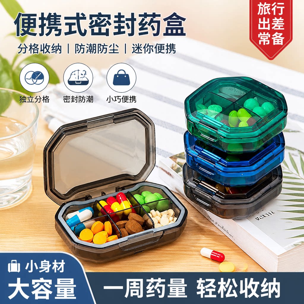 日本小药盒便携分装式药丸药片盒子随身一日三餐迷你药物密封防潮