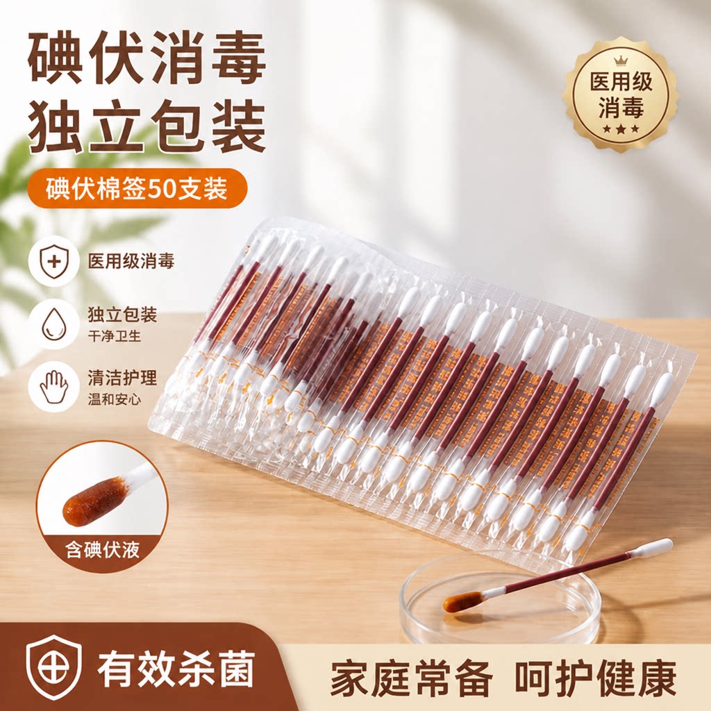 一次性碘伏棉签碘酒消毒棉签家用图片