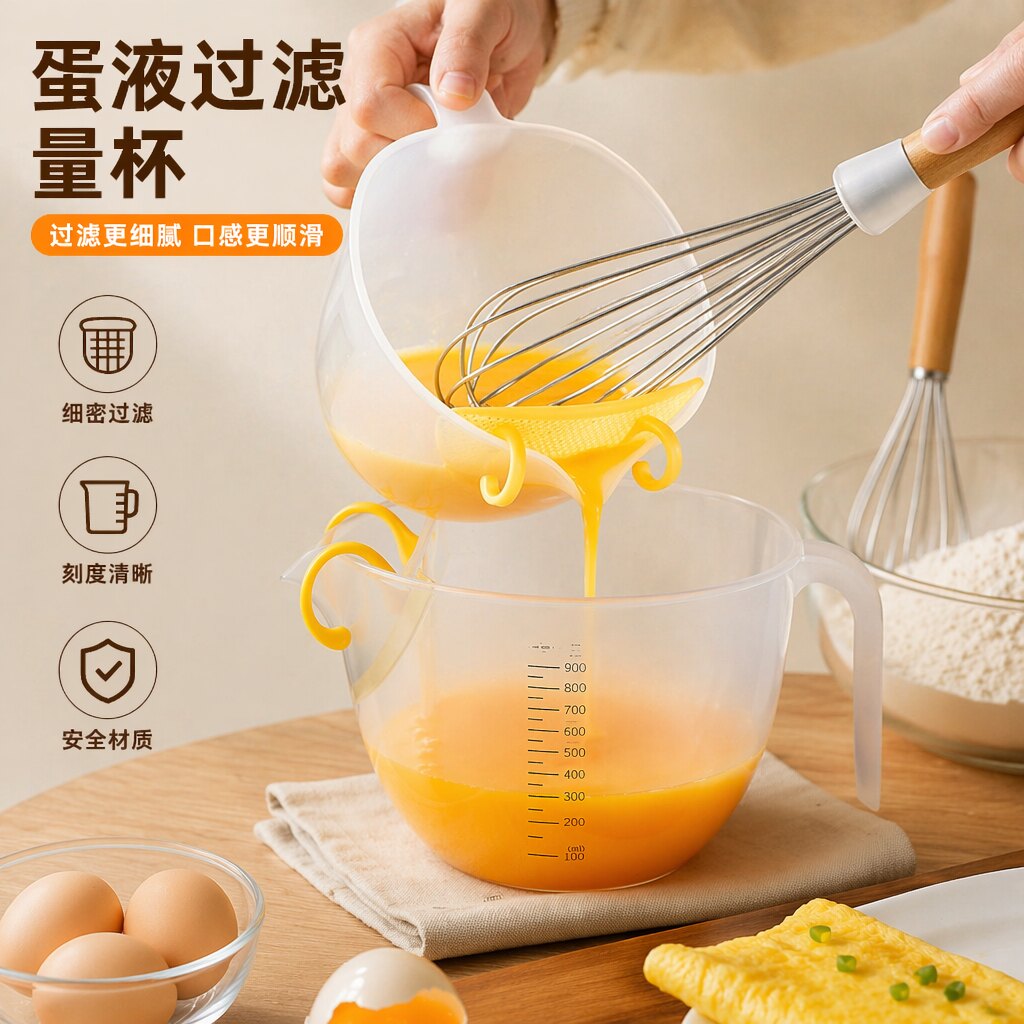 大容量食品级蛋液过滤量杯带刻度1000ml带过滤网烘焙打蛋杯淘米杯