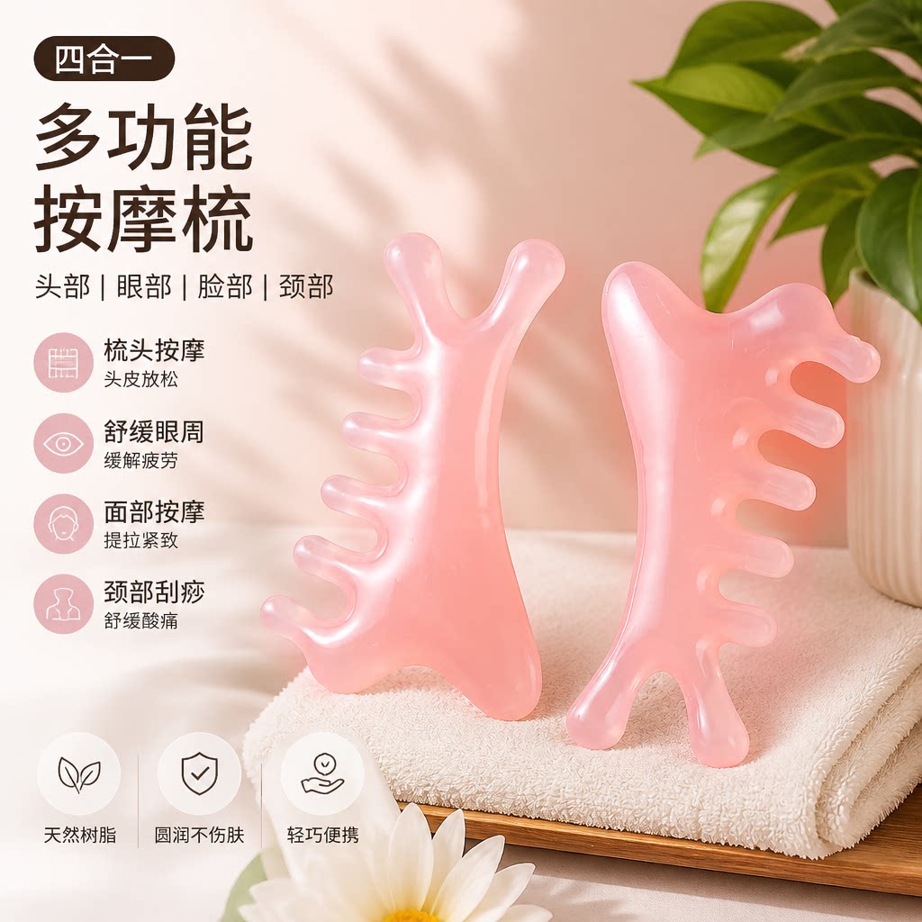 少女粉四合一梳头皮按摩梳子头部头疗疏通经络神器脸部眼部鼻刮器