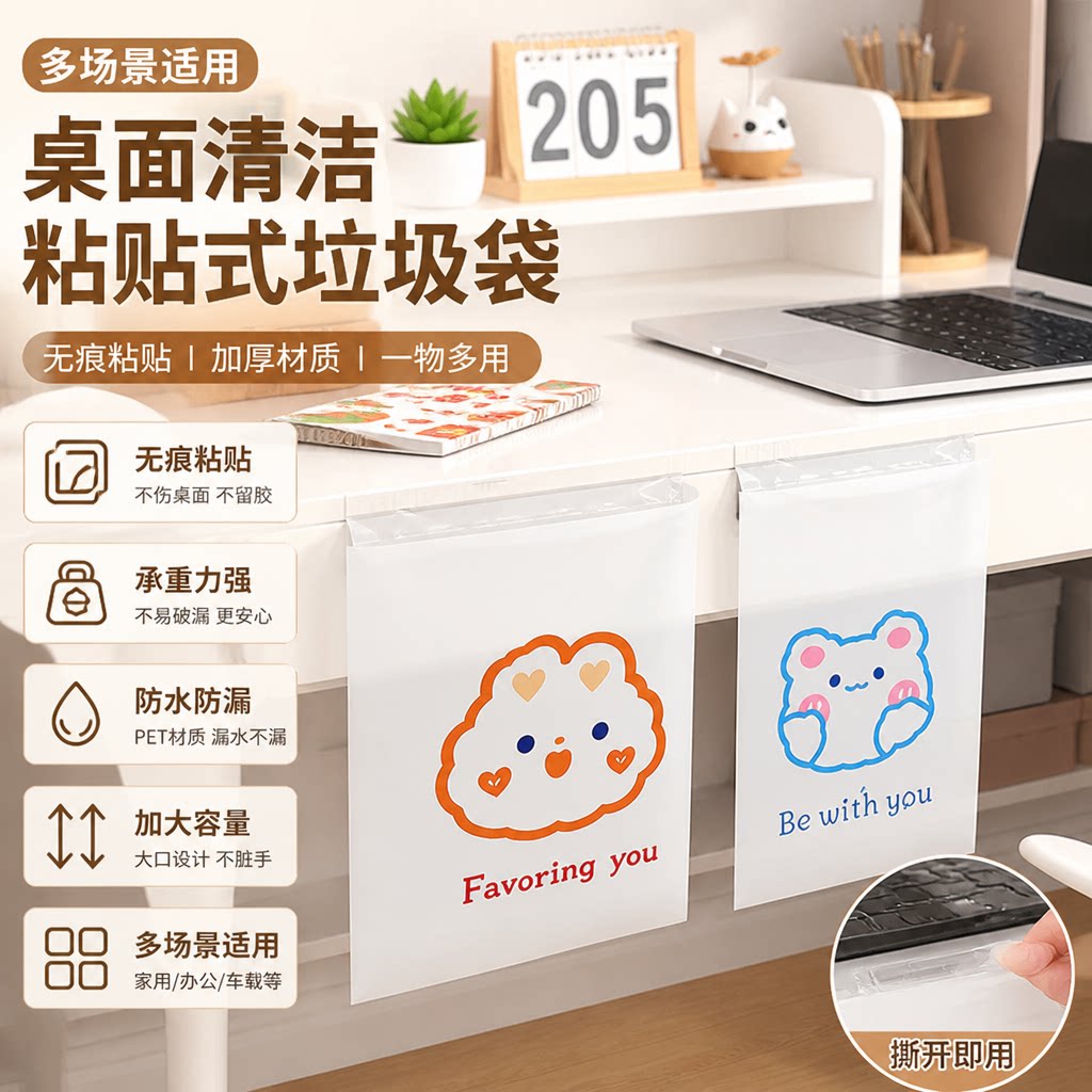 粘贴式车载桌面卡通平口袋