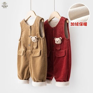 背带裤宝宝秋冬款2025新款男童红卡通加绒连体裤棉裤婴儿裤子冬装