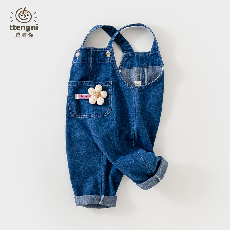 小童牛仔背带裤春秋装甜美女宝休闲牛仔长裤1-3岁女童牛仔裤春季