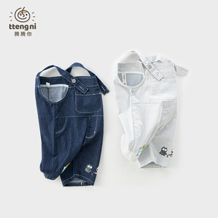 男宝夏季背带裤薄款卡通小童休闲五分短裤1-5岁男童牛仔裤子夏装