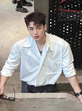 韩系白色衬衫男文艺气质宽松长袖折袋设计感衬衣西装领寸衫薄外套