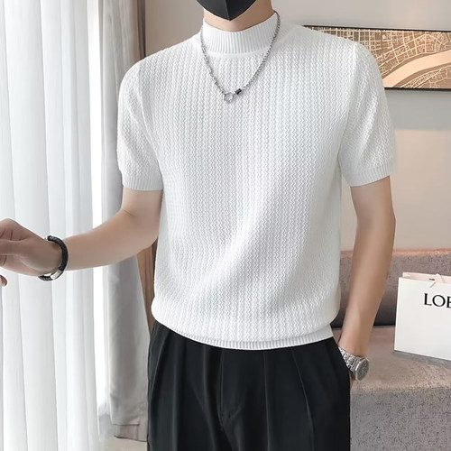 轻熟风冰丝针织衫潮男小高领短袖