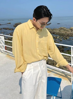 奶黄色纯棉衬衫男高级感斜纹布宽松多巴胺长袖口袋款休闲工装衬衣