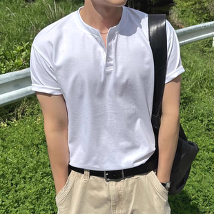 半开扣门襟领polo衫 韩系纯棉亨利衫 t恤美式 男亲肤透气短袖 潮 工装
