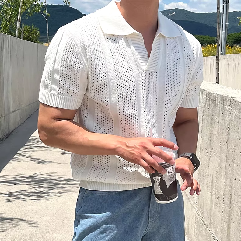 美式镂空针织polo衫男叠v领修身短袖卫衣凉感透视工装线衣翻领t恤