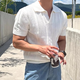 卫衣凉感透视工装 美式 短袖 镂空针织polo衫 线衣翻领t恤 男叠v领修身