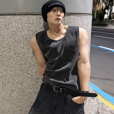 欧美高街华夫格背心肌理感打底